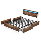 Estructura de Cama de Madera con Almacenamiento, Cabecero con Ala, Estación de Carga y Cajones, No Requiere Somier, Fácil Montaje