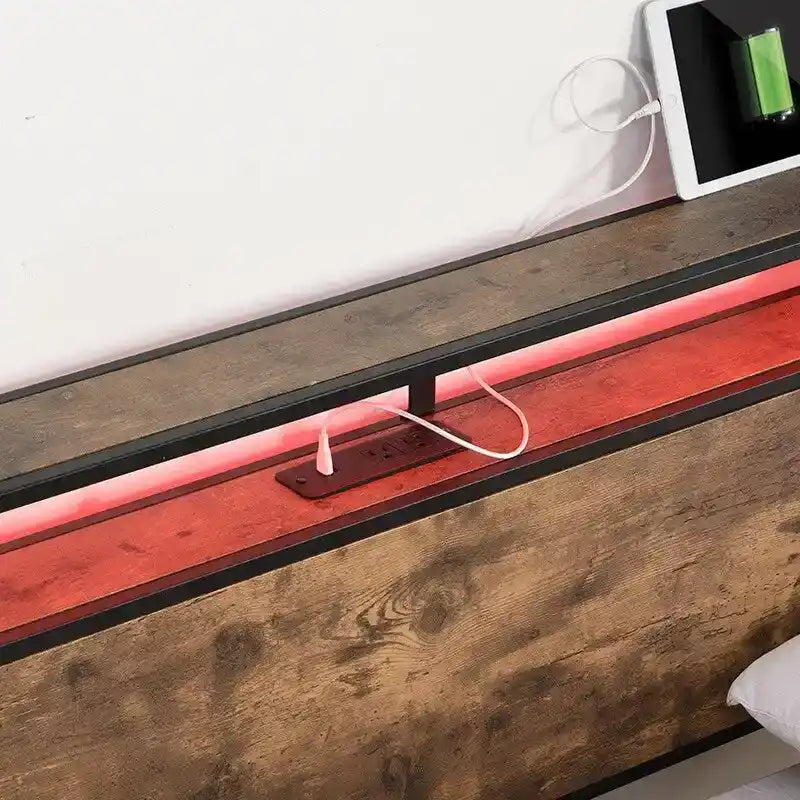 Estructura de Cama de Madera con Almacenamiento, Cabecero con Ala, Estación de Carga y Cajones, No Requiere Somier, Fácil Montaje