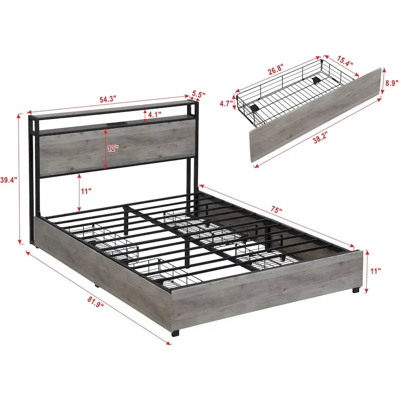 Estructura de Cama de Madera con Almacenamiento, Cabecero con Ala, Estación de Carga y Cajones, No Requiere Somier, Fácil Montaje