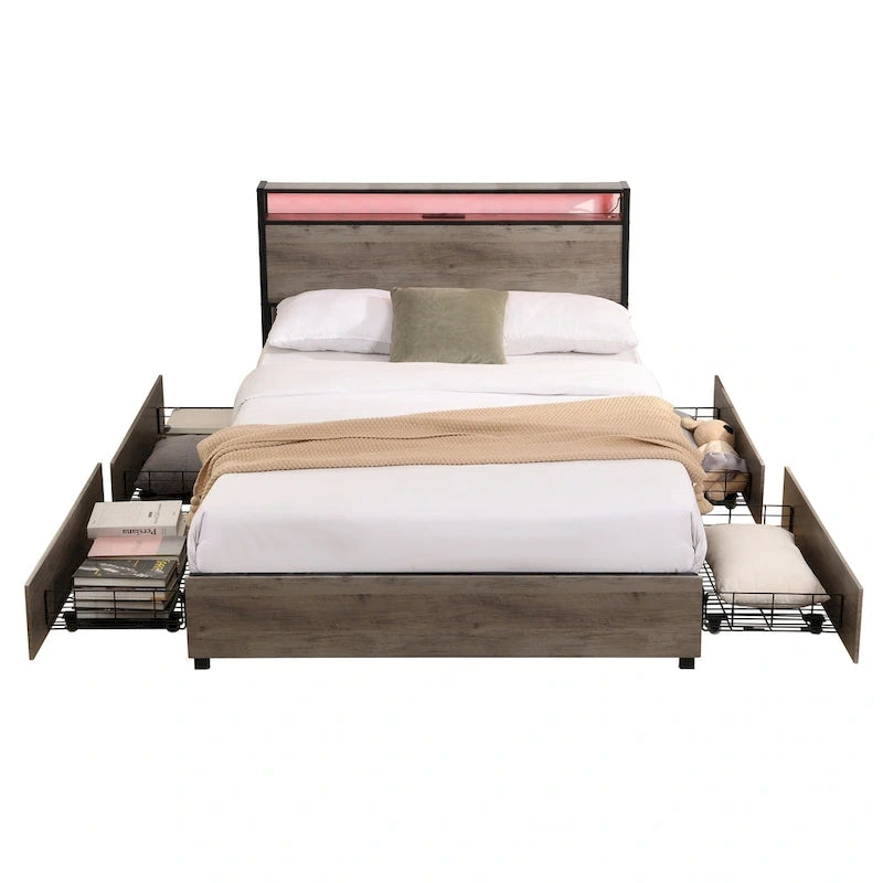 Estructura de Cama de Madera con Almacenamiento, Cabecero con Ala, Estación de Carga y Cajones, No Requiere Somier, Fácil Montaje
