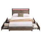 Estructura de Cama de Madera con Almacenamiento, Cabecero con Ala, Estación de Carga y Cajones, No Requiere Somier, Fácil Montaje
