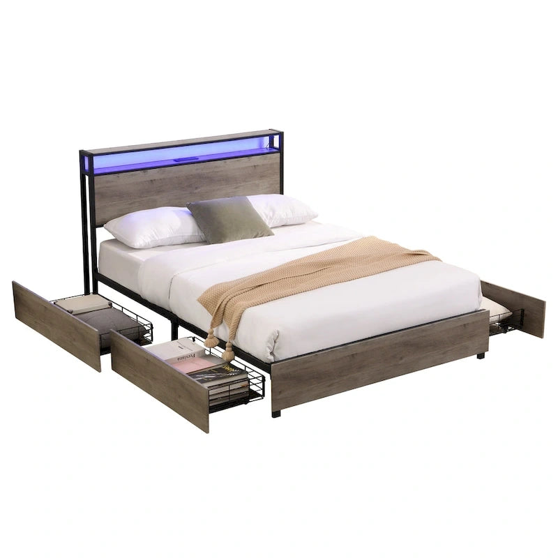 Estructura de Cama de Madera con Almacenamiento, Cabecero con Ala, Estación de Carga y Cajones, No Requiere Somier, Fácil Montaje