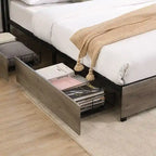 Estructura de Cama de Madera con Almacenamiento, Cabecero con Ala, Estación de Carga y Cajones, No Requiere Somier, Fácil Montaje