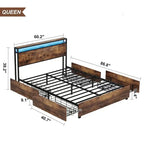 Estructura de Cama de Madera con Almacenamiento, Cabecero con Ala, Estación de Carga y Cajones, No Requiere Somier, Fácil Montaje
