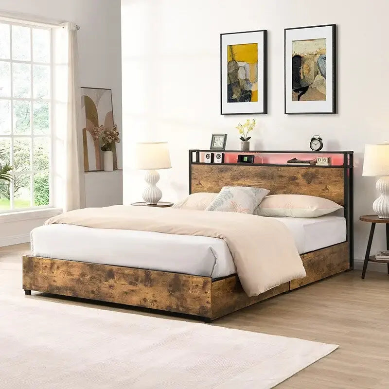 Estructura de Cama de Madera con Almacenamiento, Cabecero con Ala, Estación de Carga y Cajones, No Requiere Somier, Fácil Montaje