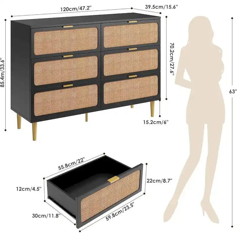 Cómodas dobles de ratán de 6 cajones para dormitorio