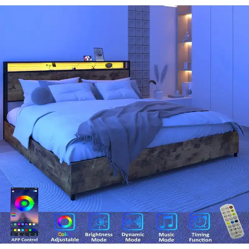 Cama King de Almacenamiento Inteligente con Luces LED y Estación de Carga, 4 Cajones, Más de 60,000 Colores RGB