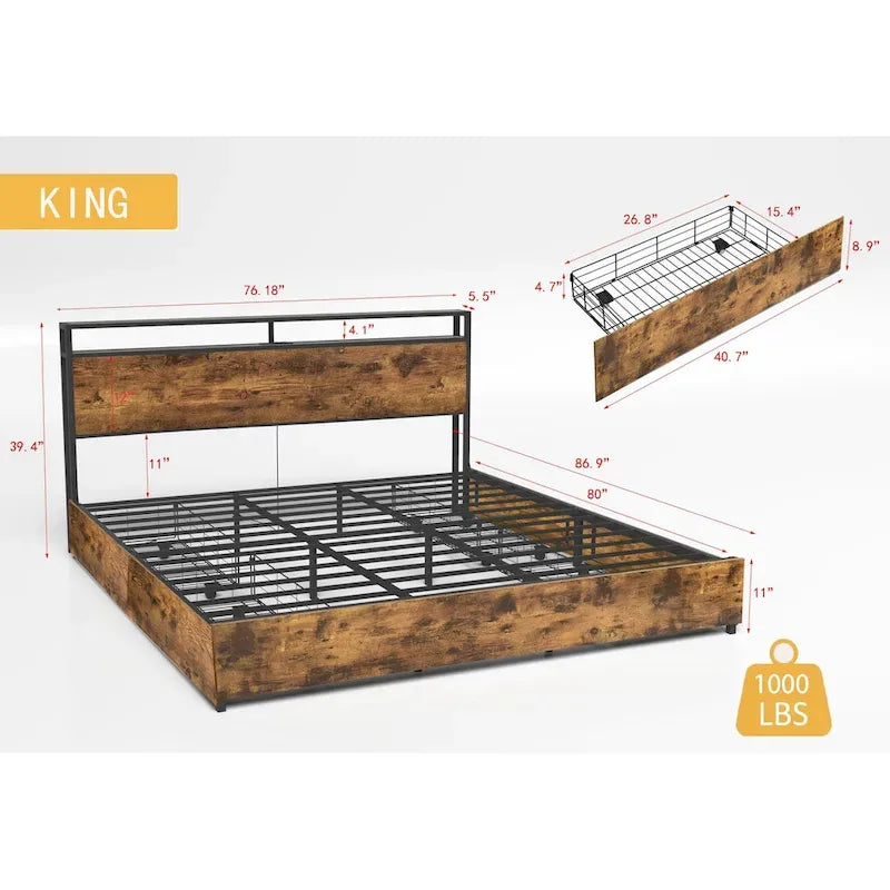 Cama King de Almacenamiento Inteligente con Luces LED y Estación de Carga, 4 Cajones, Más de 60,000 Colores RGB