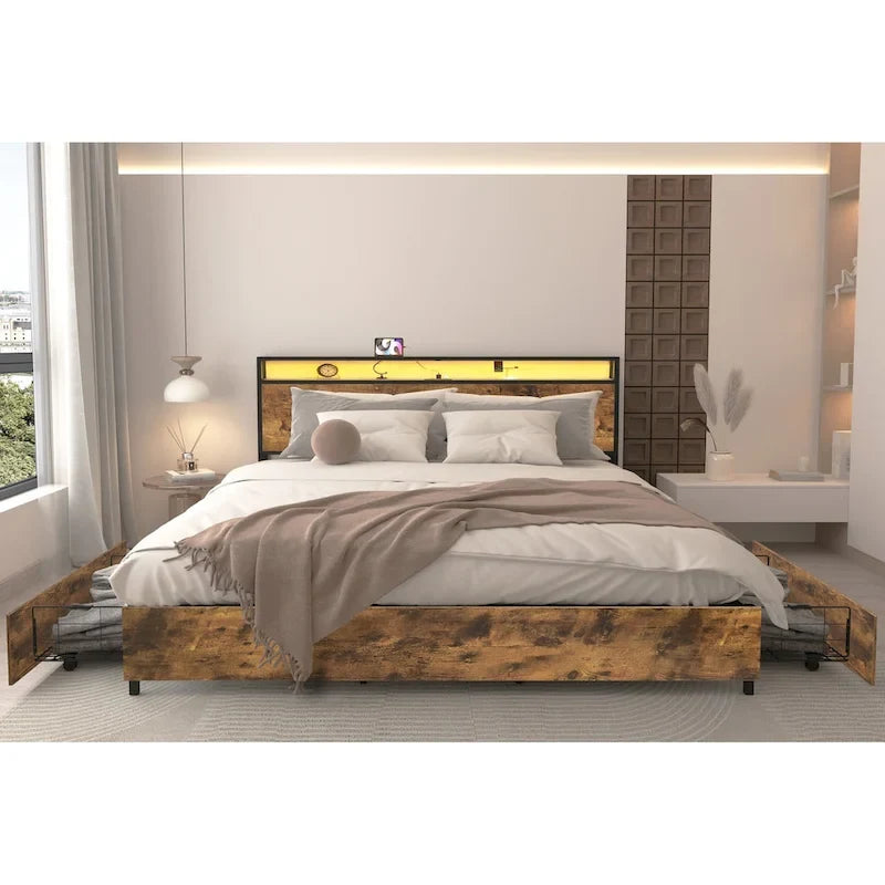 Cama King de Almacenamiento Inteligente con Luces LED y Estación de Carga, 4 Cajones, Más de 60,000 Colores RGB