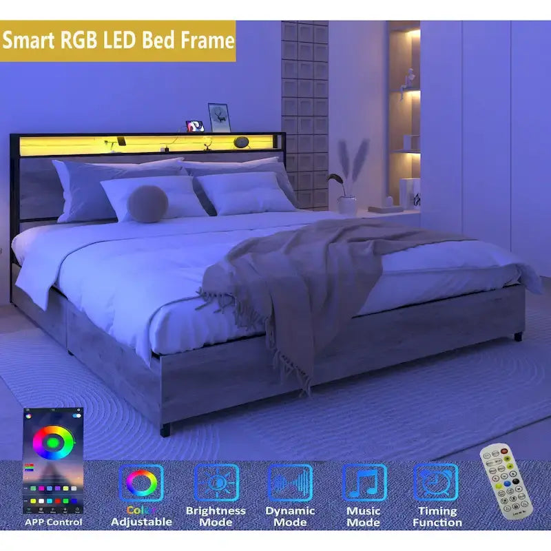 Cama King de Almacenamiento Inteligente con Luces LED y Estación de Carga, 4 Cajones, Más de 60,000 Colores RGB