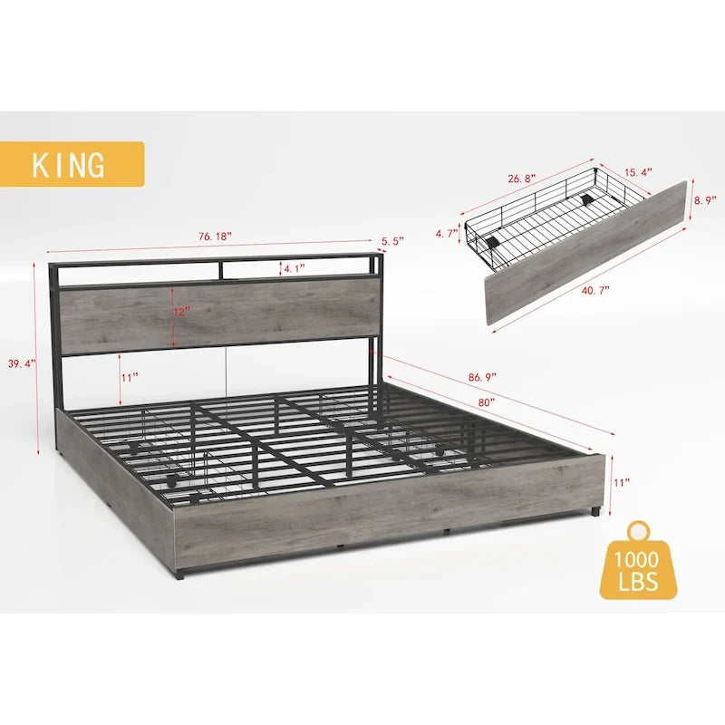 Cama King de Almacenamiento Inteligente con Luces LED y Estación de Carga, 4 Cajones, Más de 60,000 Colores RGB