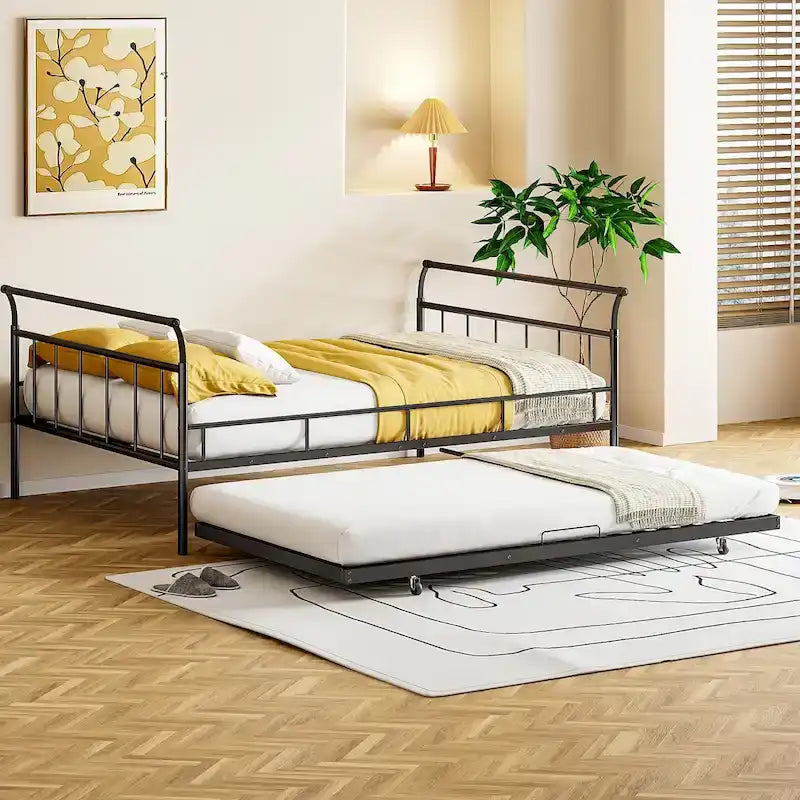 Cama de día metálica con diseño de mango curvo y cama nido individual para dormitorio