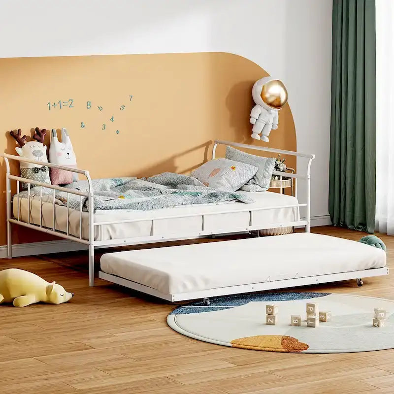 Cama de día metálica con diseño de mango curvo y cama nido individual para dormitorio