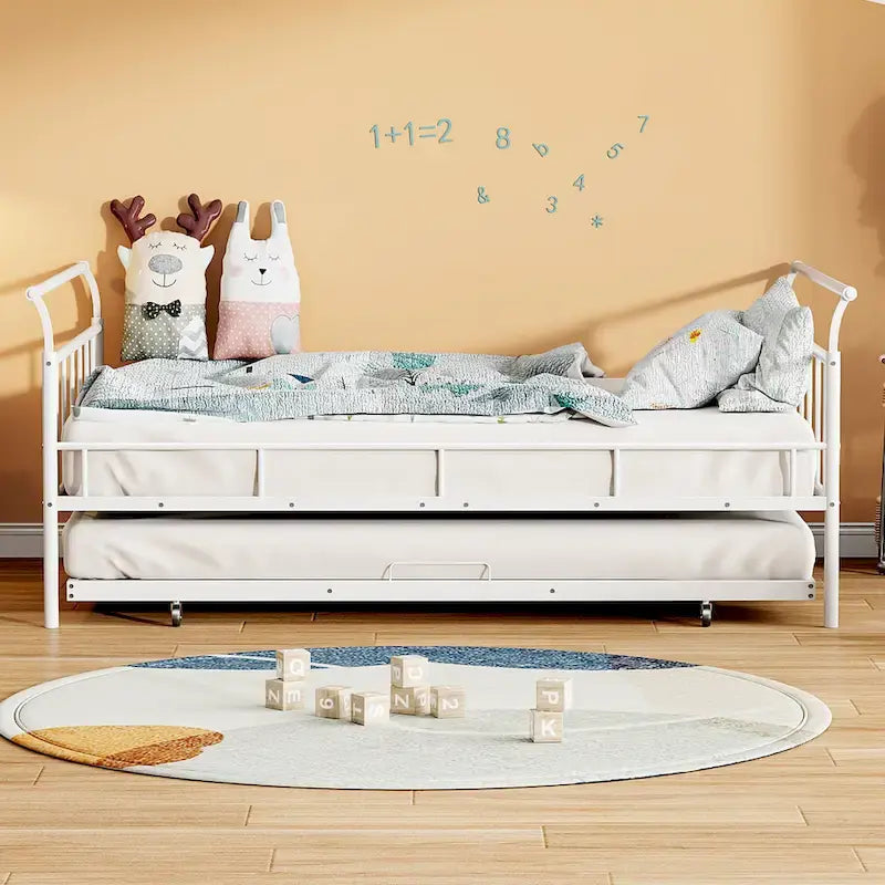 Cama de día metálica con diseño de mango curvo y cama nido individual para dormitorio