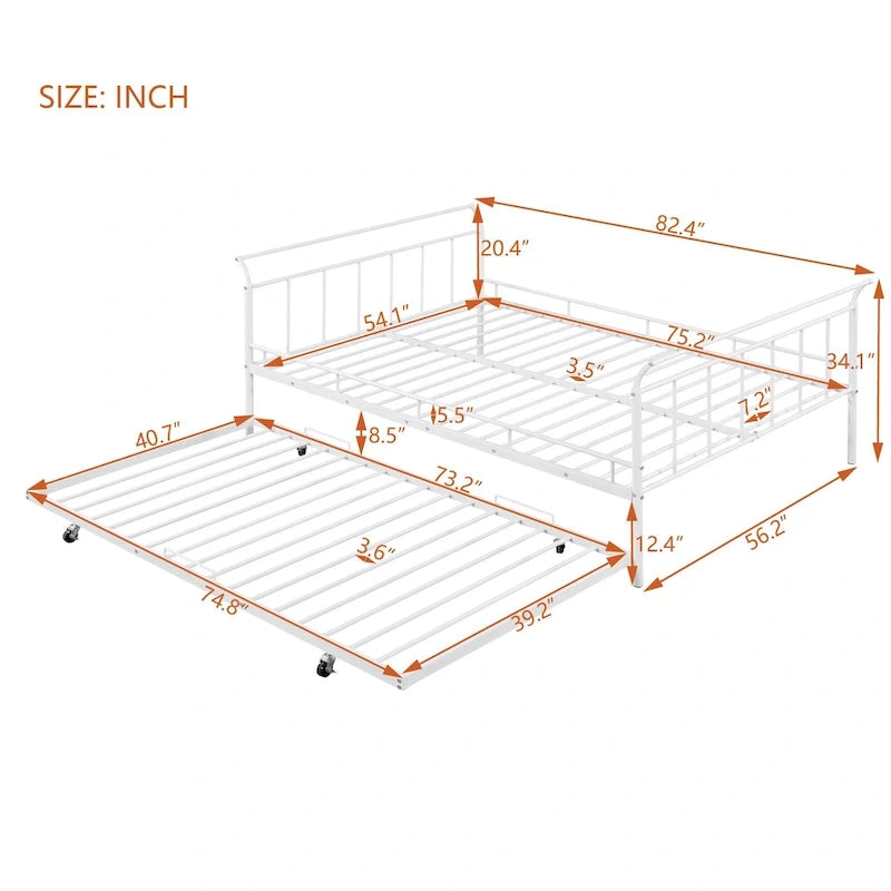 Cama de día metálica con diseño de mango curvo y cama nido individual para dormitorio