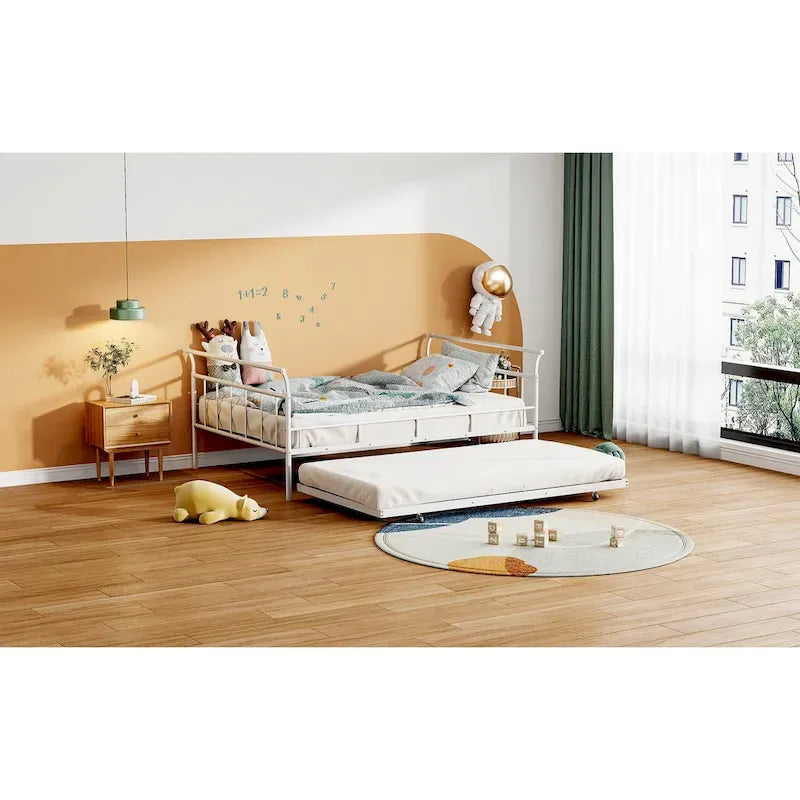 Cama de día metálica con diseño de mango curvo y cama nido individual para dormitorio