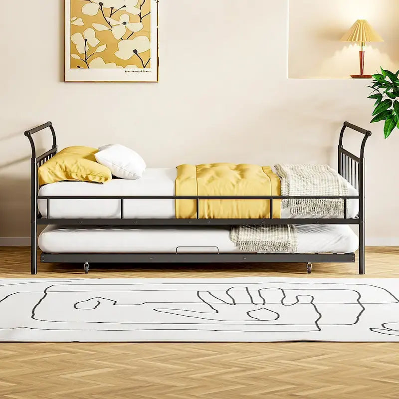 Cama de día metálica con diseño de mango curvo y cama nido individual para dormitorio