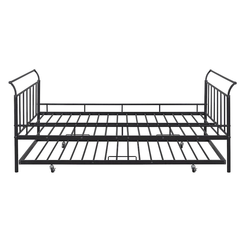 Cama de día metálica con diseño de mango curvo y cama nido individual para dormitorio