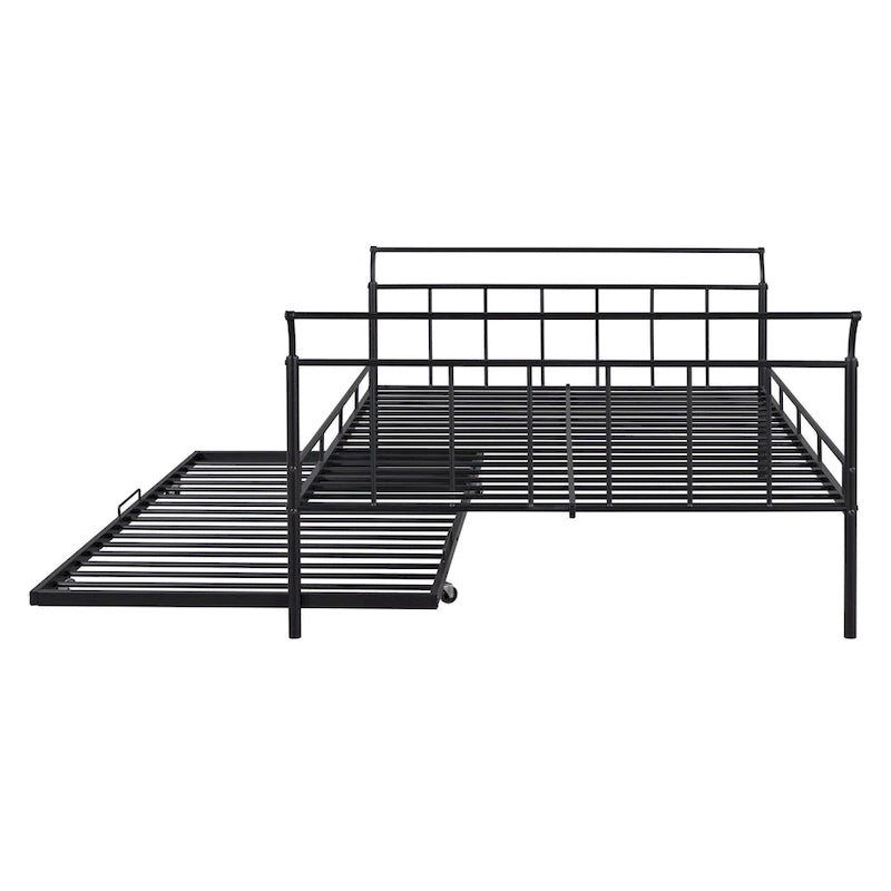 Cama de día metálica con diseño de mango curvo y cama nido individual para dormitorio