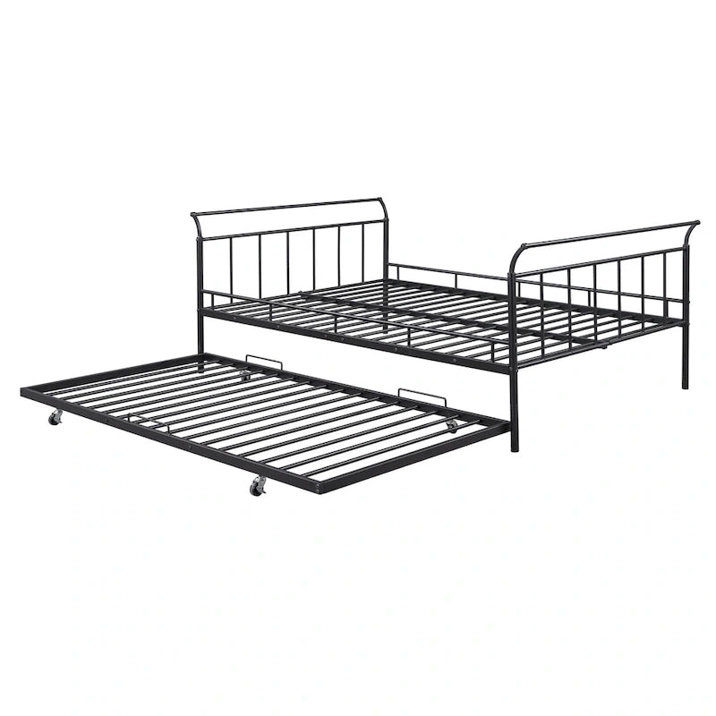 Cama de día metálica con diseño de mango curvo y cama nido individual para dormitorio