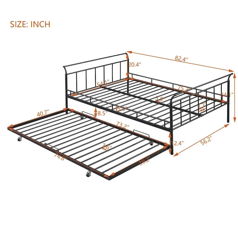 Cama de día metálica con diseño de mango curvo y cama nido individual para dormitorio