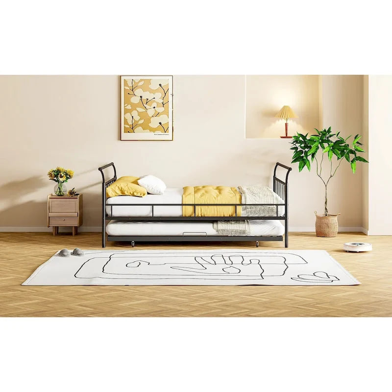 Cama de día metálica con diseño de mango curvo y cama nido individual para dormitorio