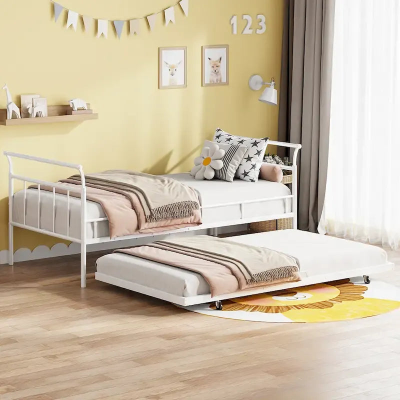 Cama de día metálica con diseño de mango curvo y cama nido individual para dormitorio