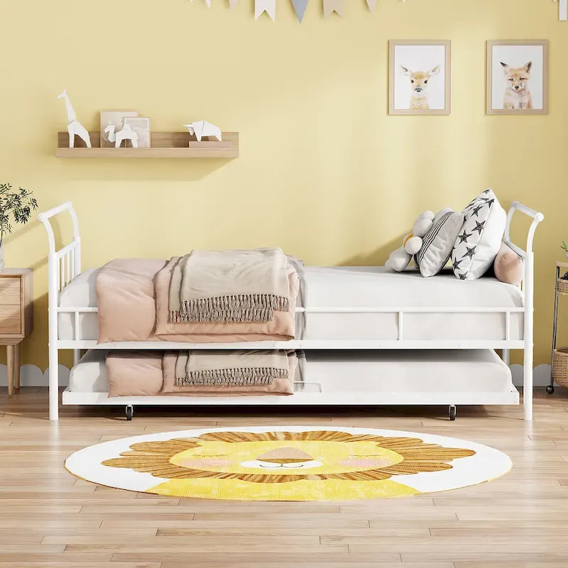 Cama de día metálica con diseño de mango curvo y cama nido individual para dormitorio