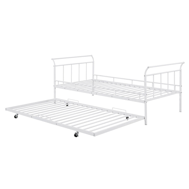 Cama de día metálica con diseño de mango curvo y cama nido individual para dormitorio