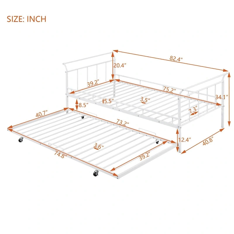 Cama de día metálica con diseño de mango curvo y cama nido individual para dormitorio