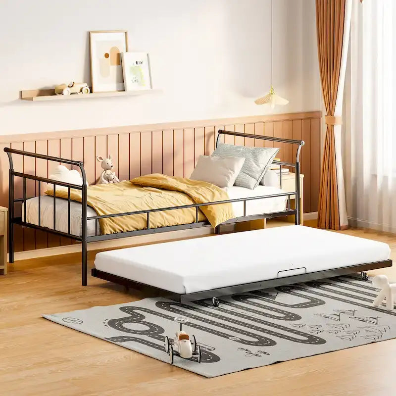 Cama de día metálica con diseño de mango curvo y cama nido individual para dormitorio
