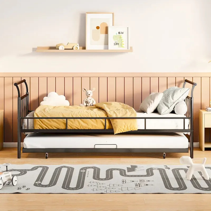 Cama de día metálica con diseño de mango curvo y cama nido individual para dormitorio