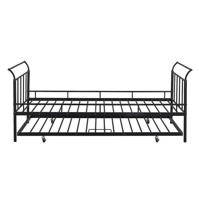 Cama de día metálica con diseño de mango curvo y cama nido individual para dormitorio