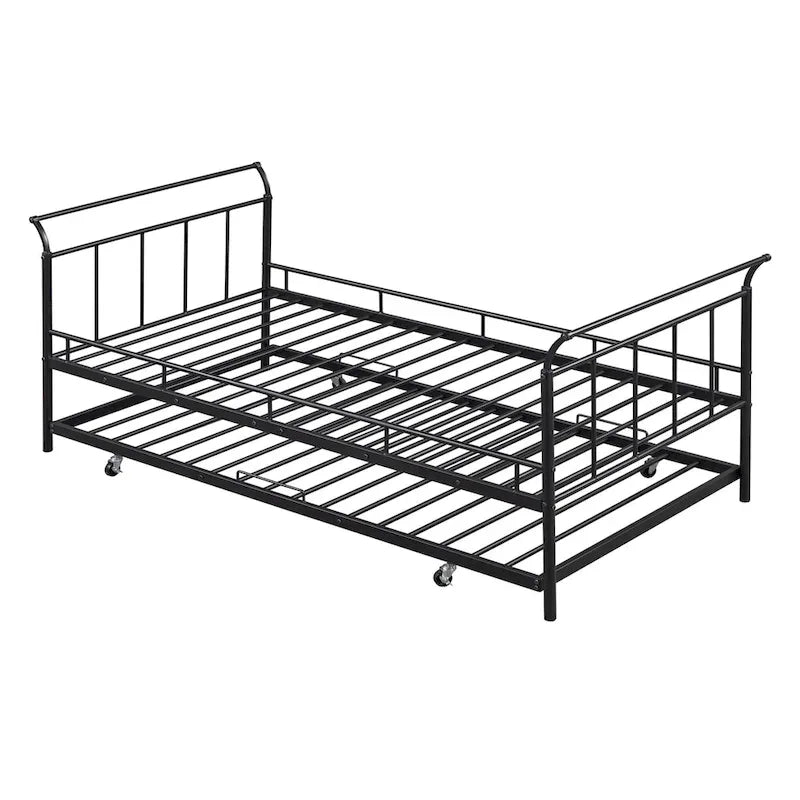 Cama de día metálica con diseño de mango curvo y cama nido individual para dormitorio
