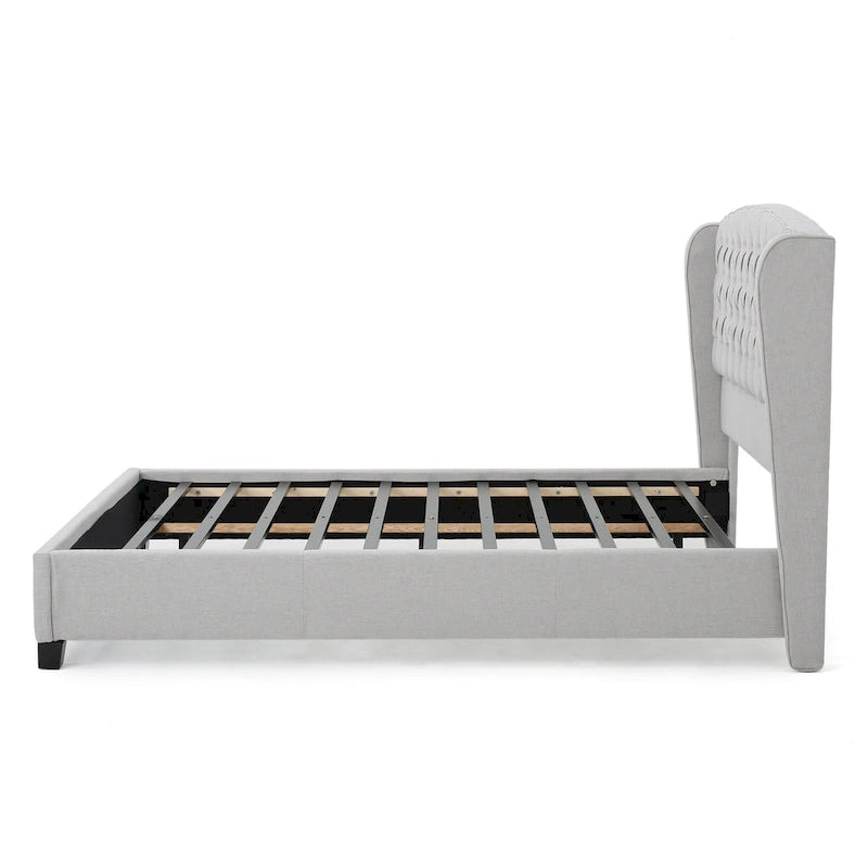 Cama de plataforma tapizada moderna gris claro tamaño King con cabecera capitoné para dormitorio