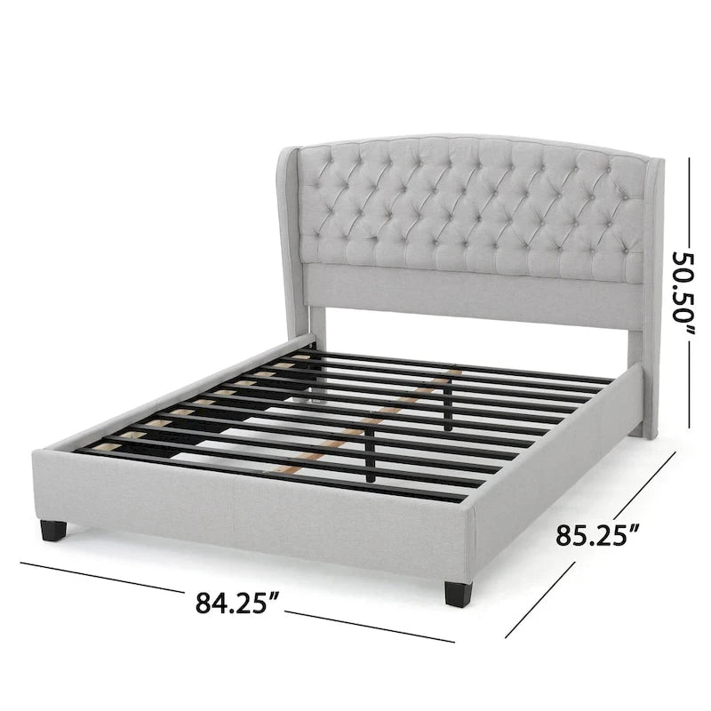 Cama de plataforma tapizada moderna gris claro tamaño King con cabecera capitoné para dormitorio