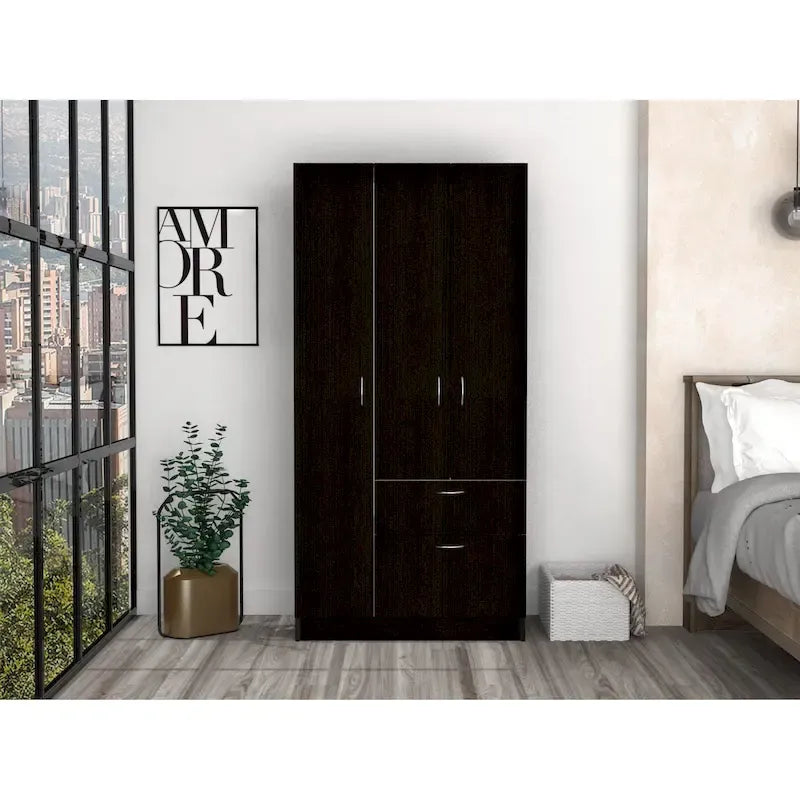 32.2 Armario moderno de dos puertas con cinco estantes y un cajón para dormitorio