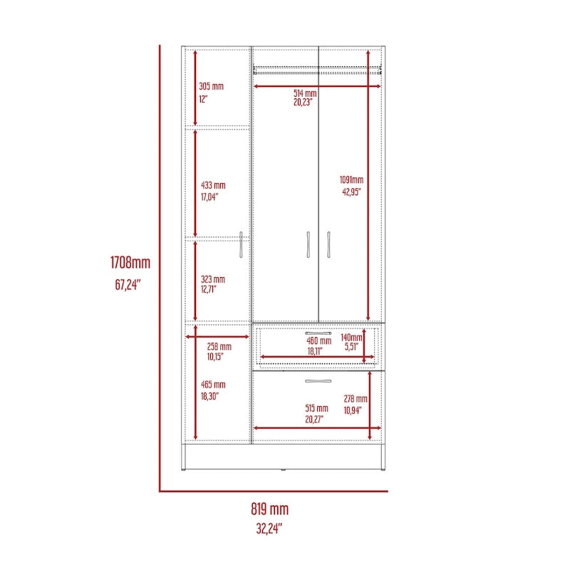 32.2 Armario moderno de dos puertas con cinco estantes y un cajón para dormitorio