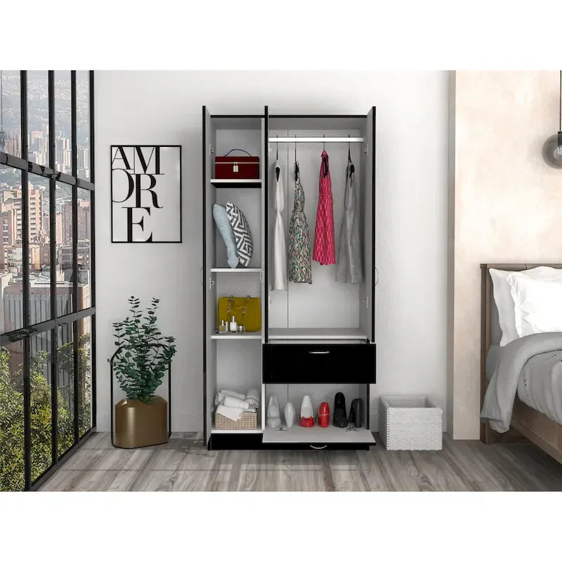 32.2 Armario moderno de dos puertas con cinco estantes y un cajón para dormitorio