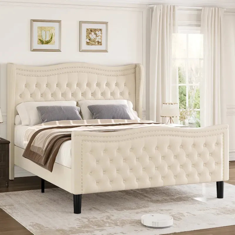 Cama de plataforma moderna de terciopelo con cabecera tapizada