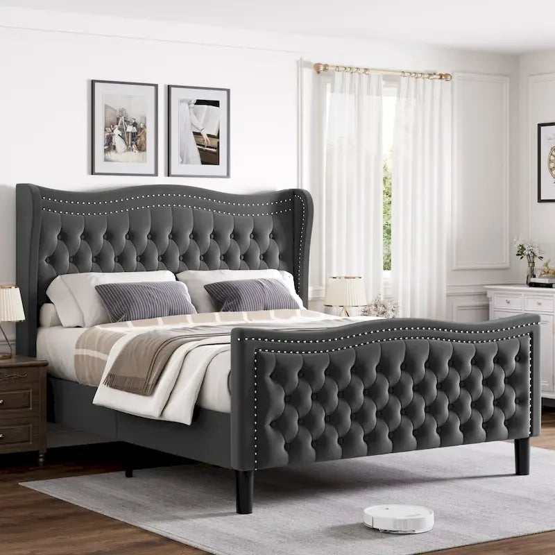 Cama de plataforma moderna de terciopelo con cabecera tapizada