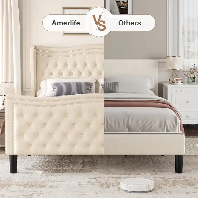 Cama de plataforma moderna de terciopelo con cabecera tapizada