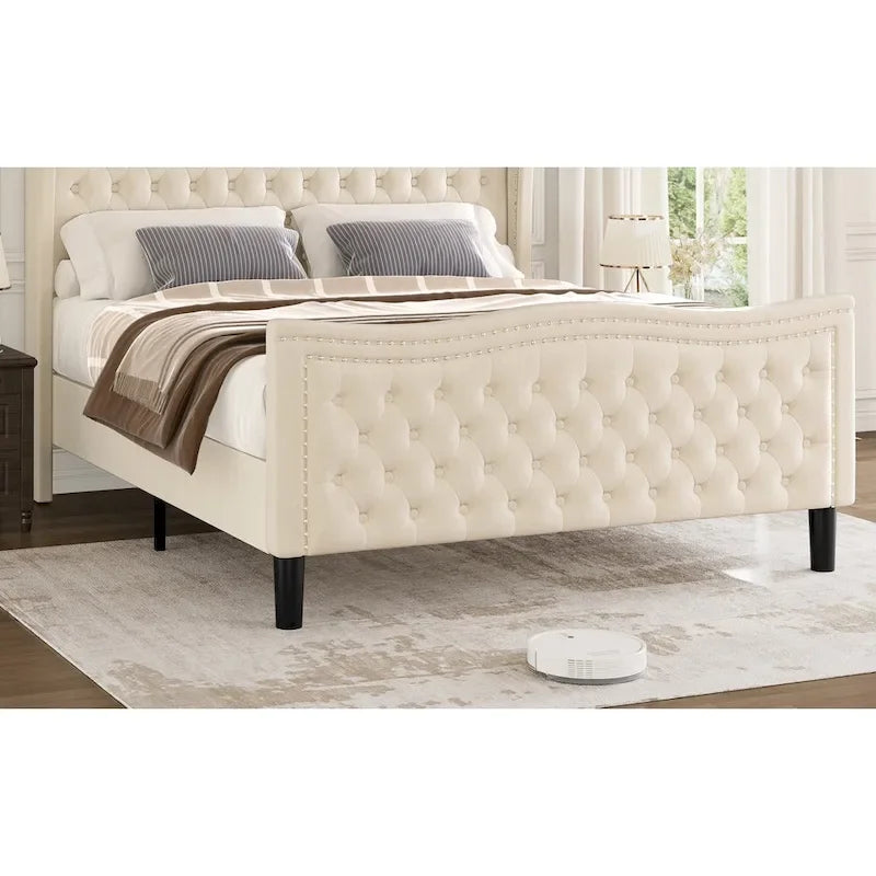 Cama de plataforma moderna de terciopelo con cabecera tapizada