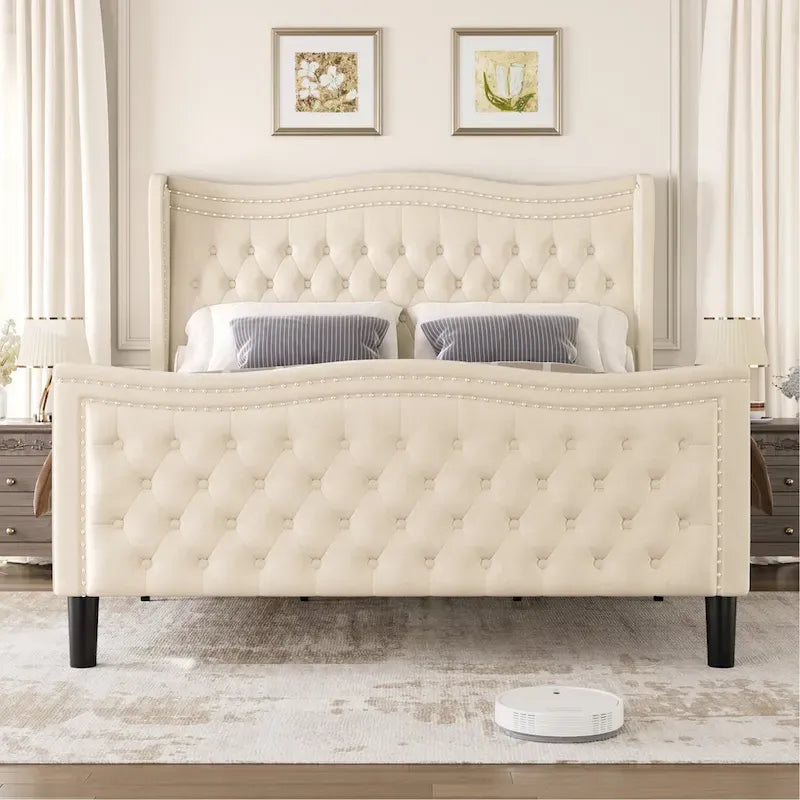 Cama de plataforma moderna de terciopelo con cabecera tapizada