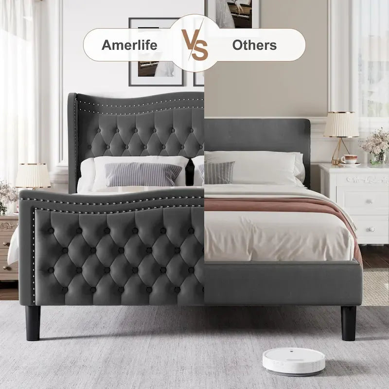 Cama de plataforma moderna de terciopelo con cabecera tapizada