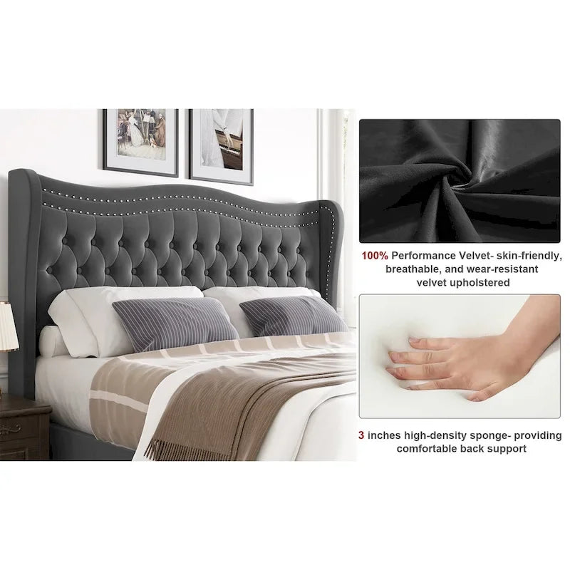 Cama de plataforma moderna de terciopelo con cabecera tapizada