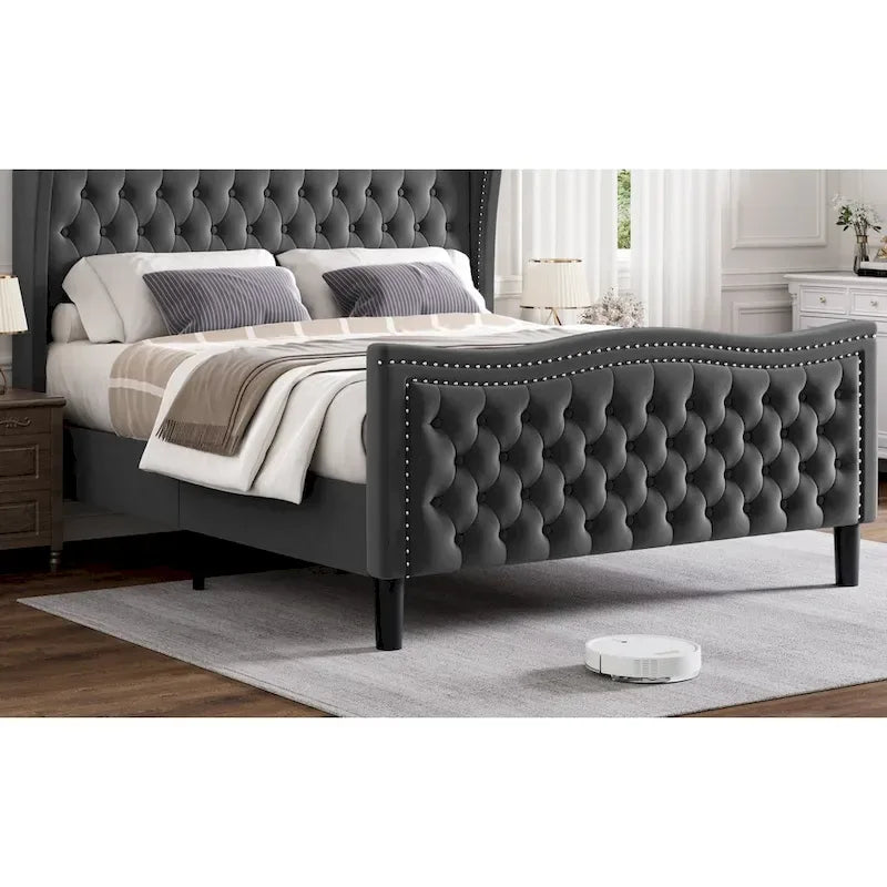 Cama de plataforma moderna de terciopelo con cabecera tapizada