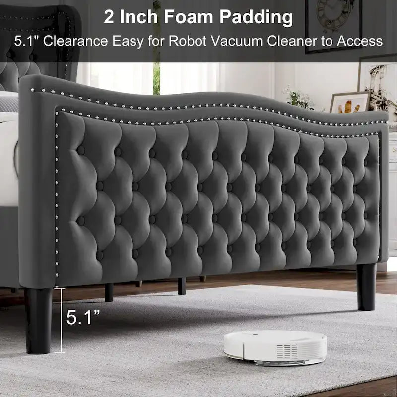 Cama de plataforma moderna de terciopelo con cabecera tapizada