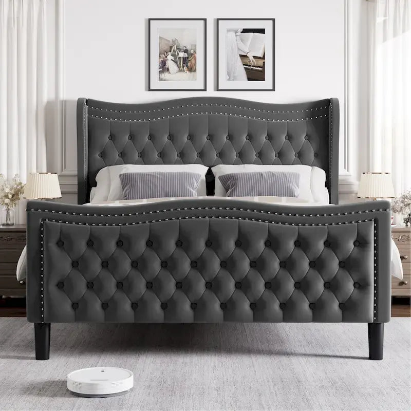 Cama de plataforma moderna de terciopelo con cabecera tapizada