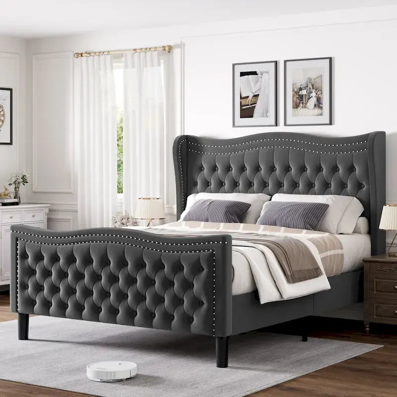 Cama de plataforma moderna de terciopelo con cabecera tapizada
